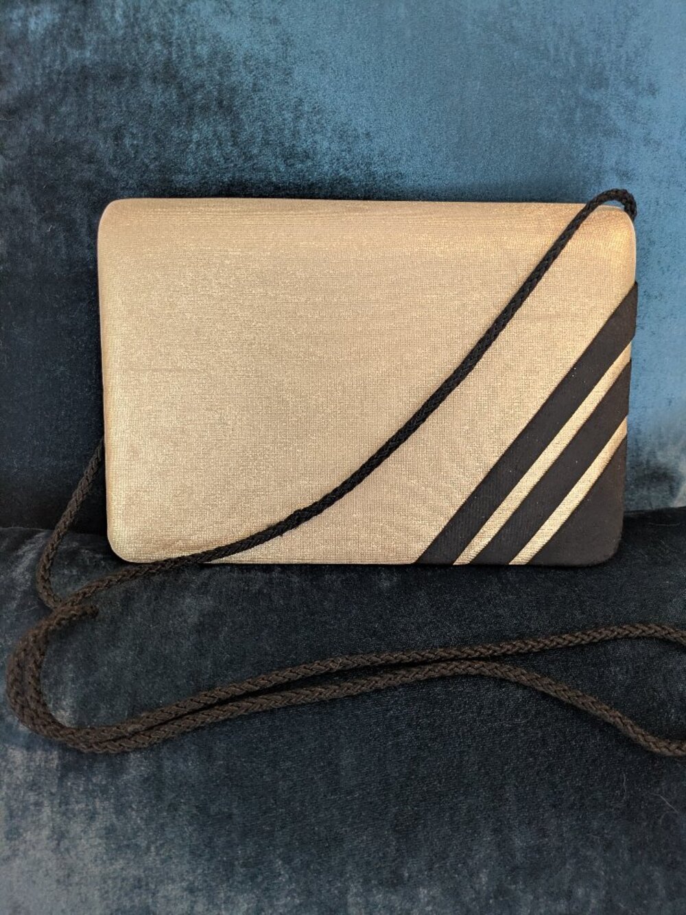 VTG Lanvin Two-Tone Satin Crossbody Clutch Purse Gold/Black Metallic.